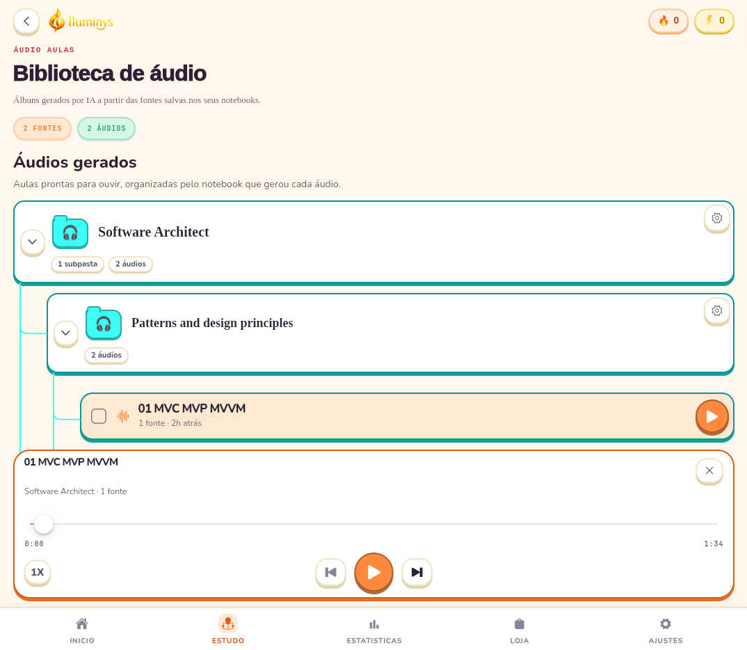 Biblioteca de áudio no tema claro: álbuns por notebook, lista de áudio-aulas e botão criar álbum